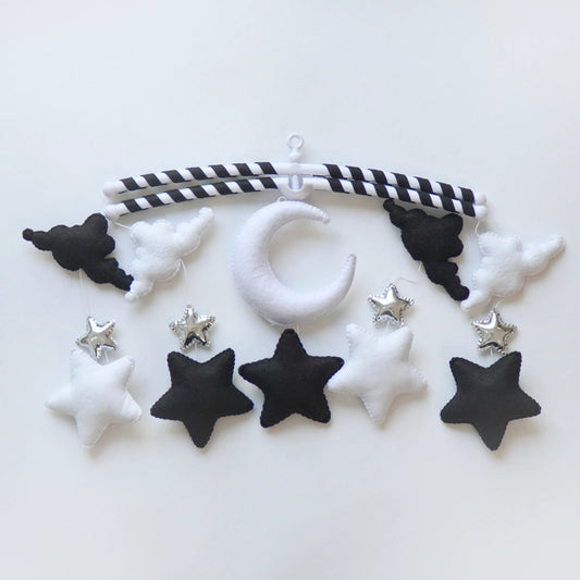 Black and white star and moon baby crib mobile by Tinitigies, nursery decor