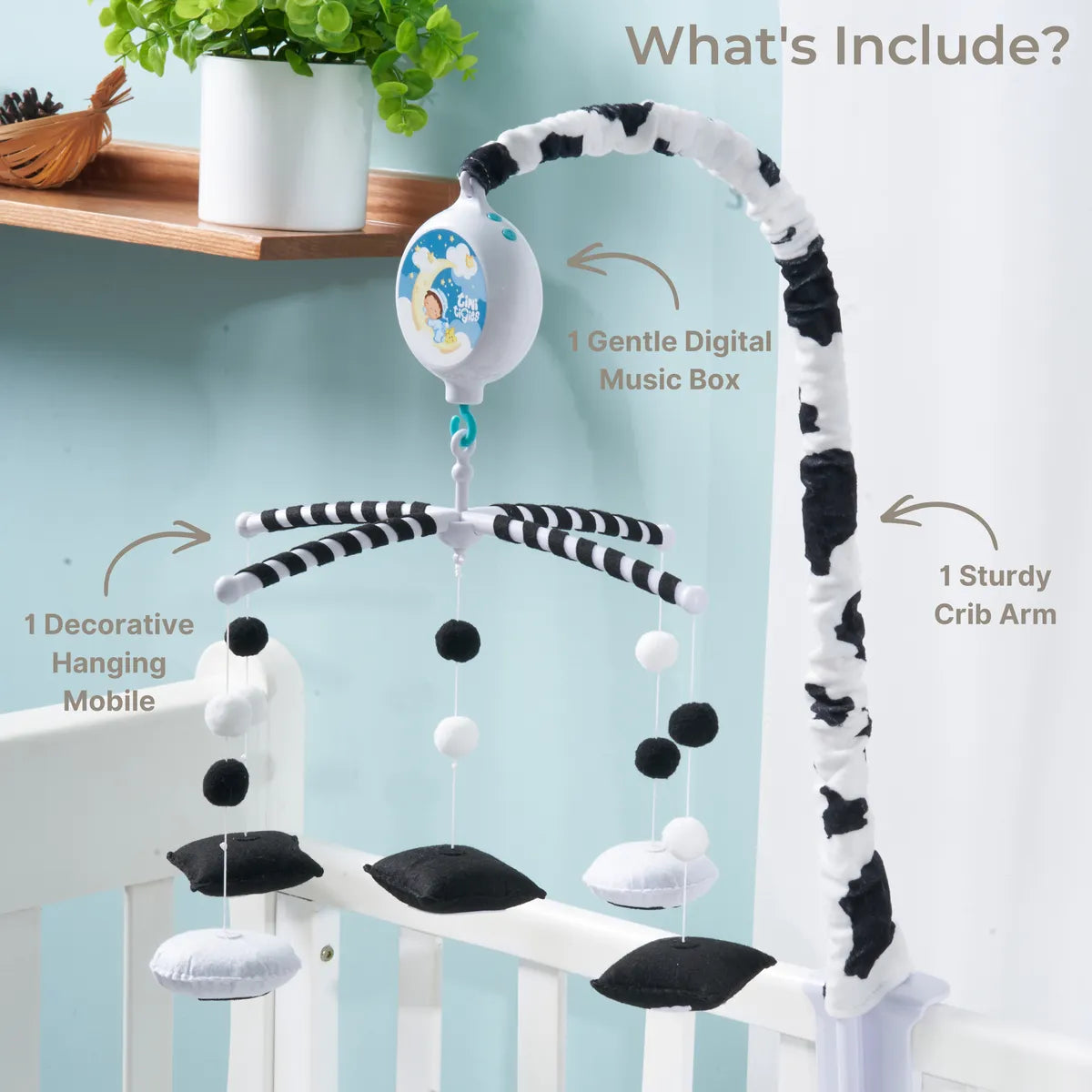 Animal mobile set with the hanging mobile, crib arm and digital music box