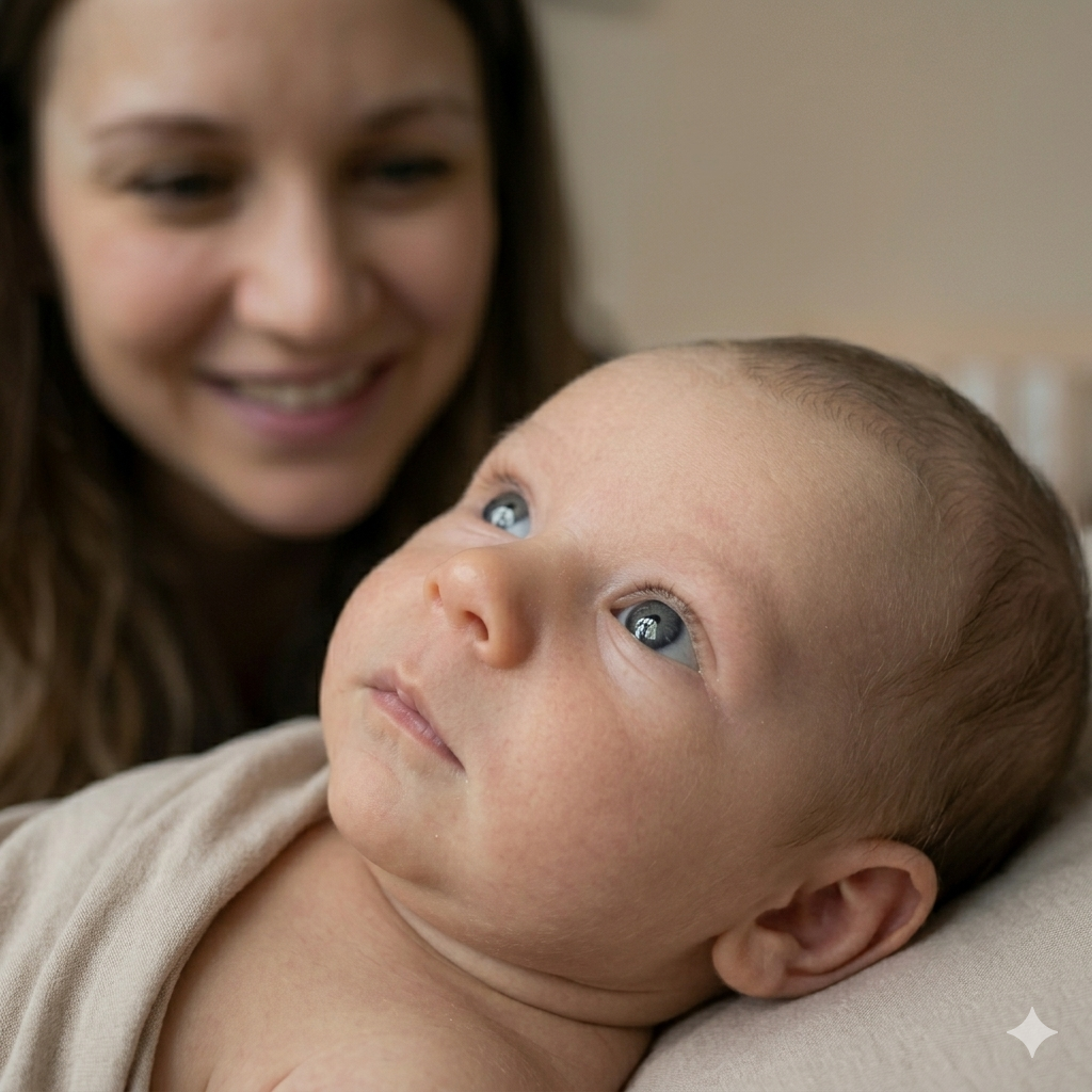 newborn baby in crib looking upward — do baby mobiles help brain development