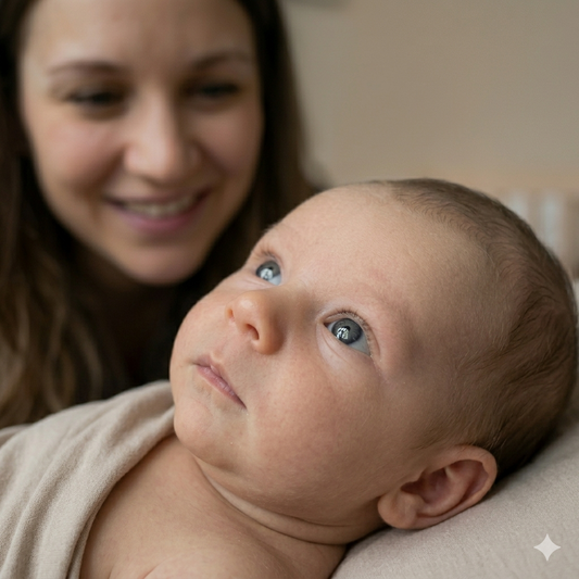newborn baby in crib looking upward — do baby mobiles help brain development