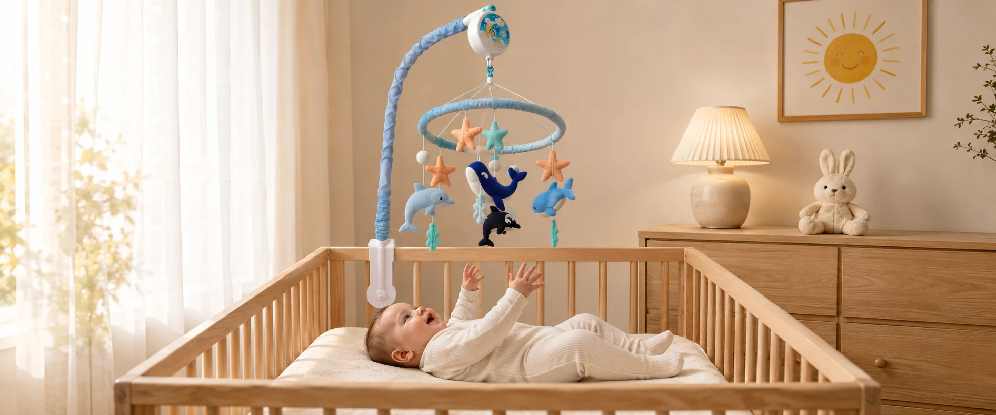 Baby enjoying a Tinitigies nursery mobile in a cozy nursery room