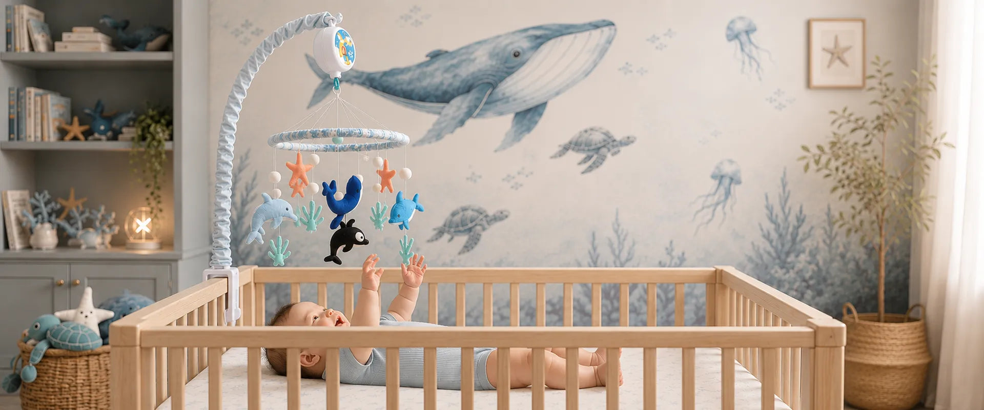 Baby enjoying a Tinitigies nursery mobile for crib
