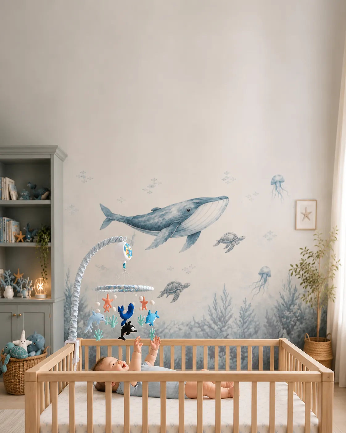 Baby enjoying a Tinitigies nursery mobile for crib ver mobile