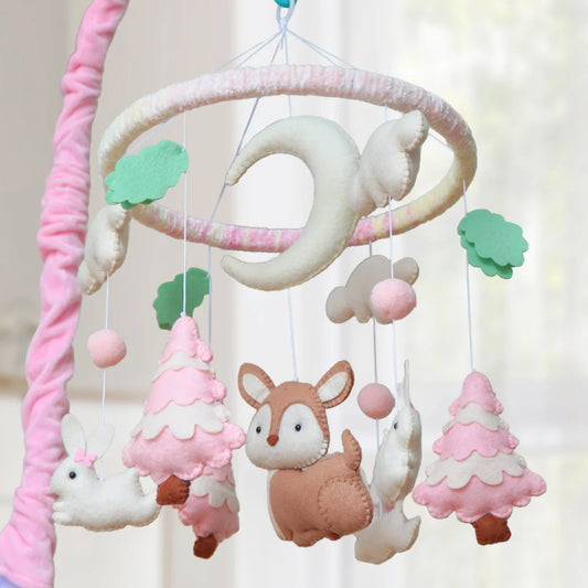 Pink Woodland Bunny & Deer Musical Baby Crib Mobile