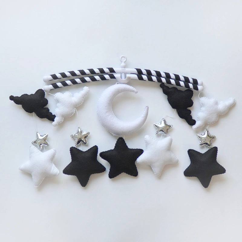 Black and white star and moon baby crib mobile by Tinitigies, nursery decor