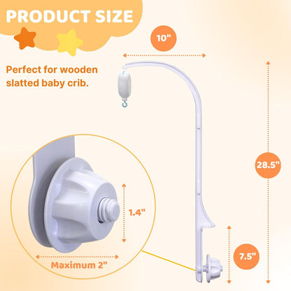 Crib mobile arm dimensions, 28.5 inch height and 10 inch reach