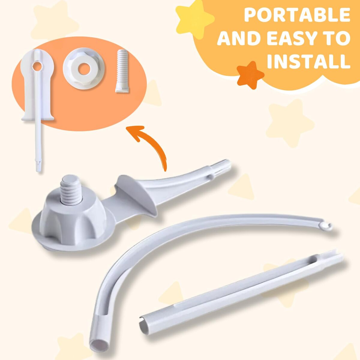 Baby mobile hanger parts showing pole, curved arm and clamp
