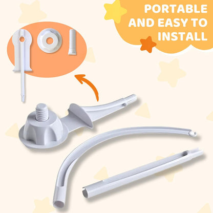 Baby mobile hanger parts showing pole, curved arm and clamp