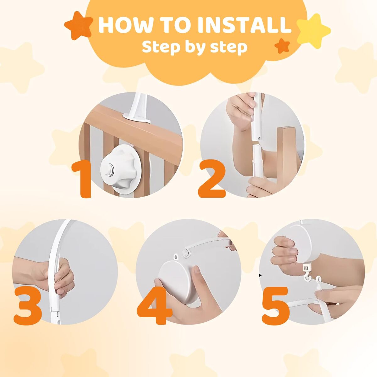 Crib mobile arm clamped to a wooden slatted crib rail with thumb screw