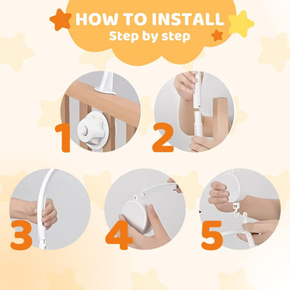 Crib mobile arm clamped to a wooden slatted crib rail with thumb screw