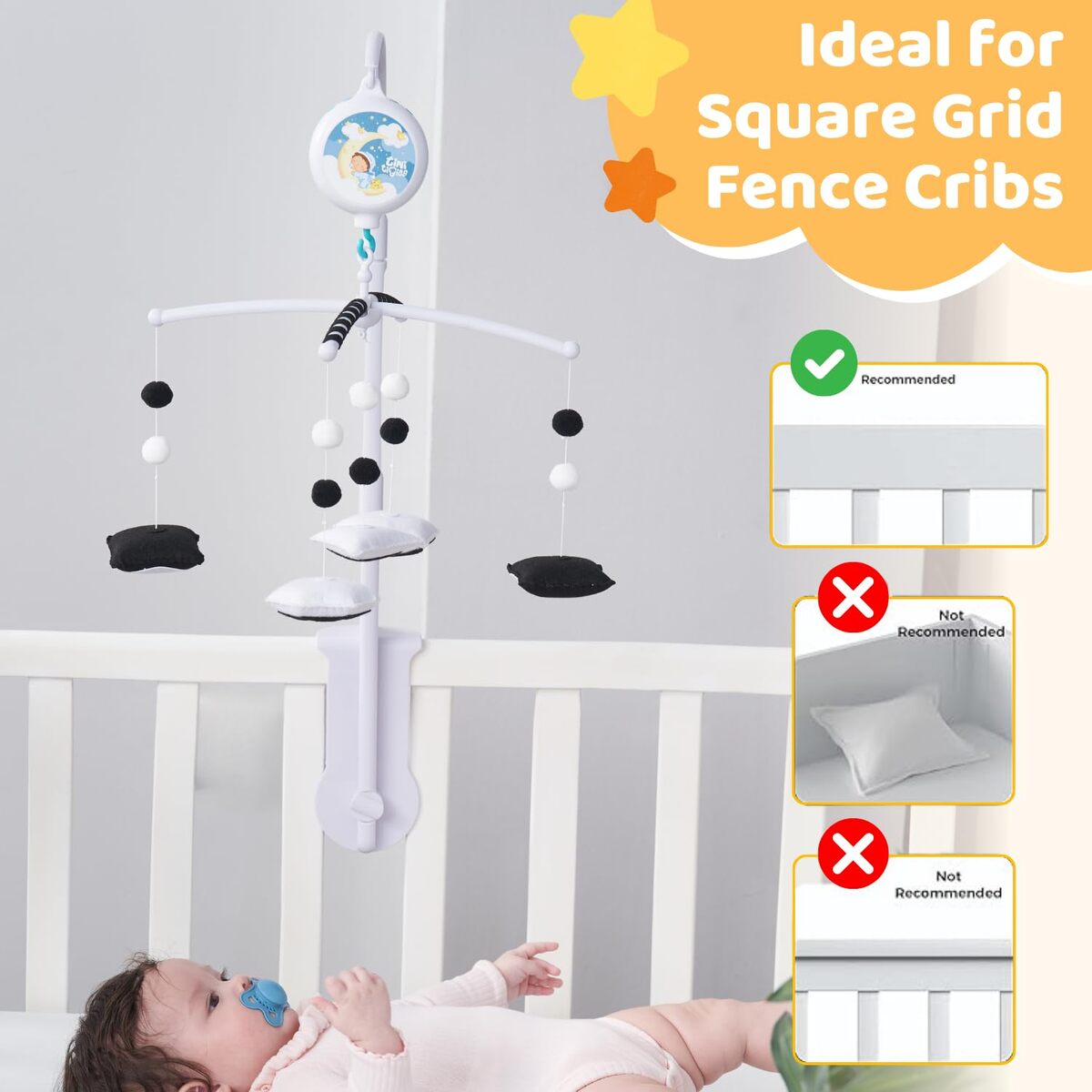 Crib mobile holder suspending a felt mobile above a baby in a crib