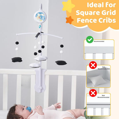 Crib mobile holder suspending a felt mobile above a baby in a crib