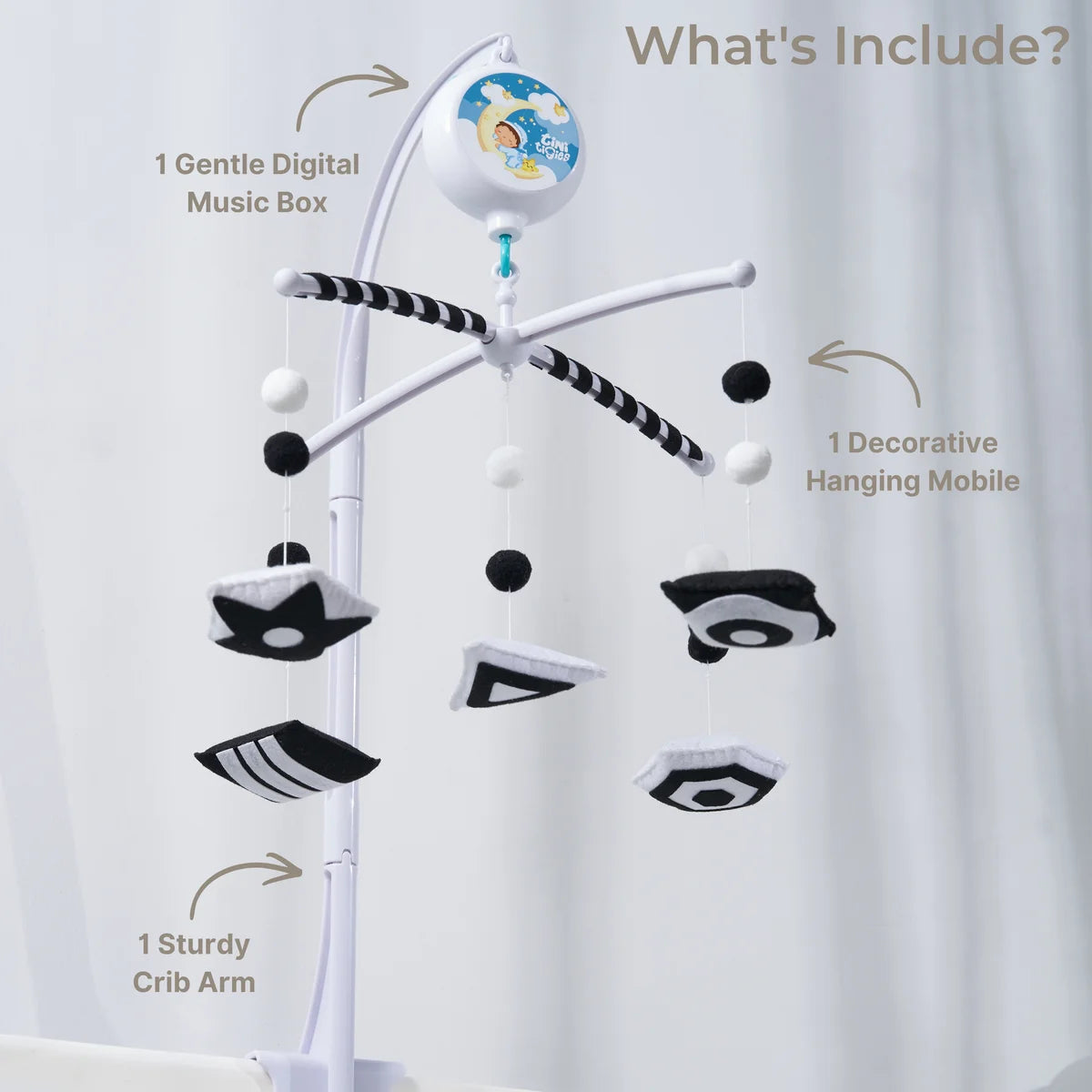 Complete geometry mobile with the hanging mobile, crib arm and digital music box labeled